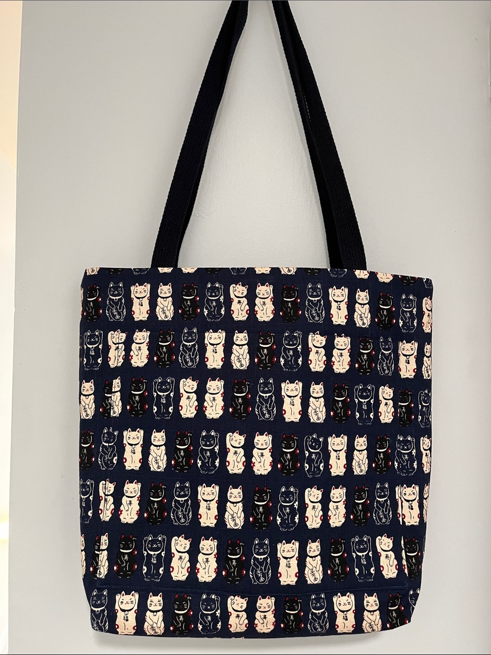 Navy Lucky Cat Pattern Cotton Tote Bag with woven cotton Straps